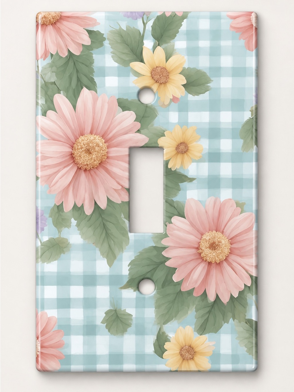 Handmade Pink Daisy Floral Gingham Toggle Light Switch Cover Plate